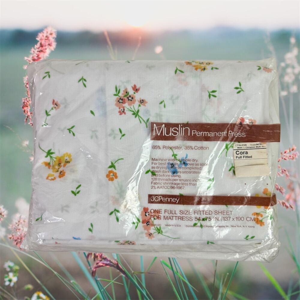 JCPenney NOS VTG Muslin White & Floral Print Cora Full Fitted Sheet In Package